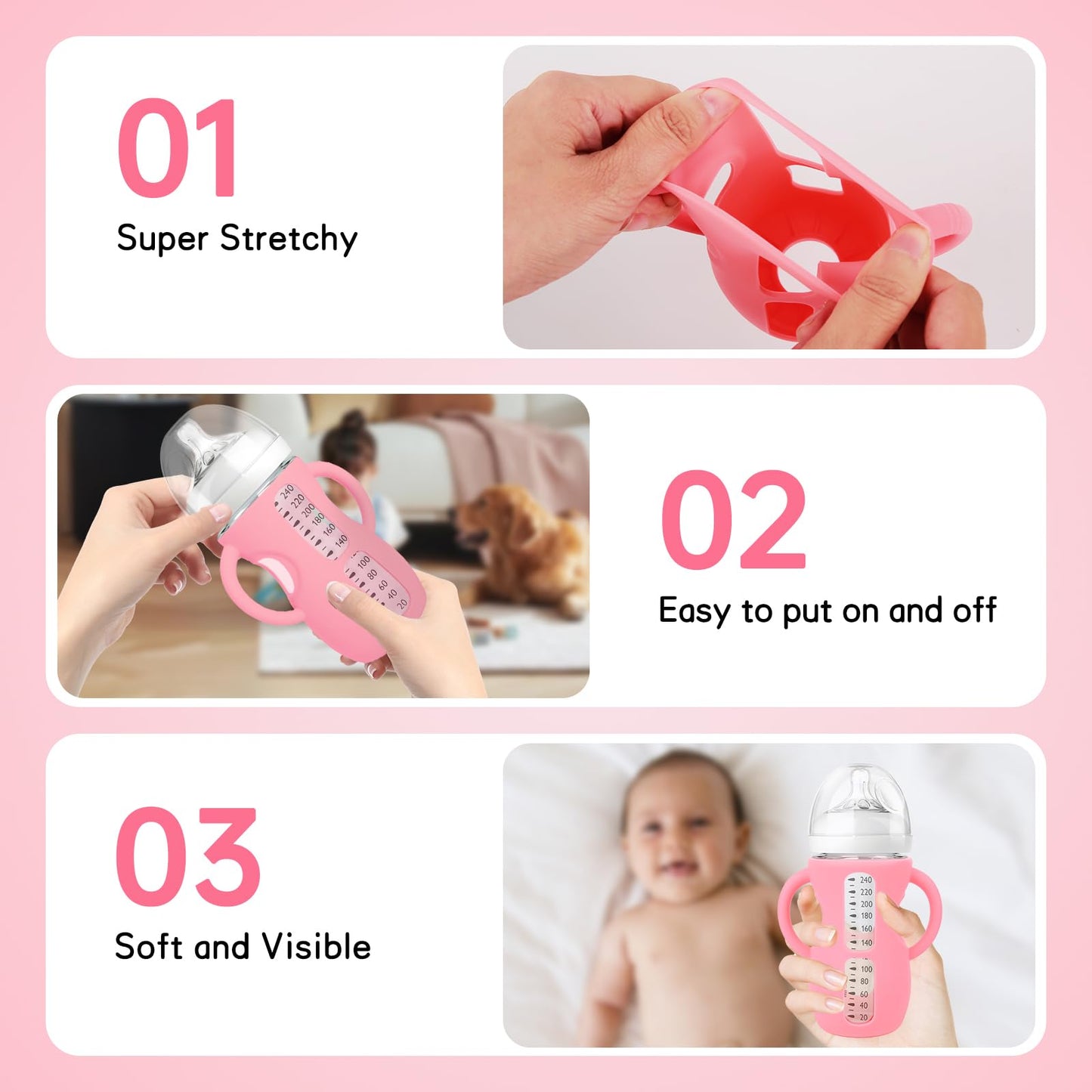 Audrwall Silicone Sleeves For Avent Natural Glass Baby Bottles, Bpa Free, Anti Breakage Baby Bottle Holder With Handles (Pink +