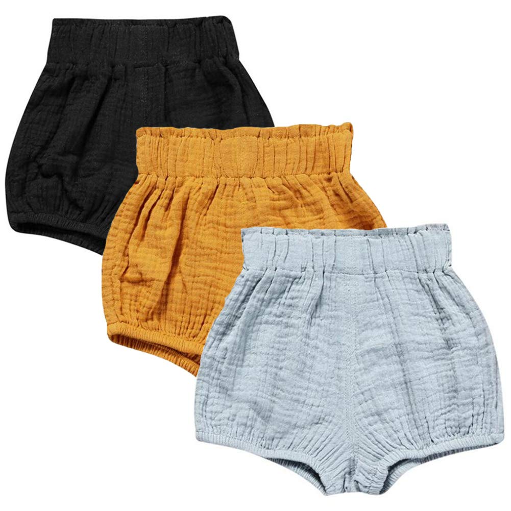 Looly Unisex Baby Girls Boys 3 Pack Cotton Linen Blend Bloomer Shorts (90 (1-2T), Black, Yellow, Blue)