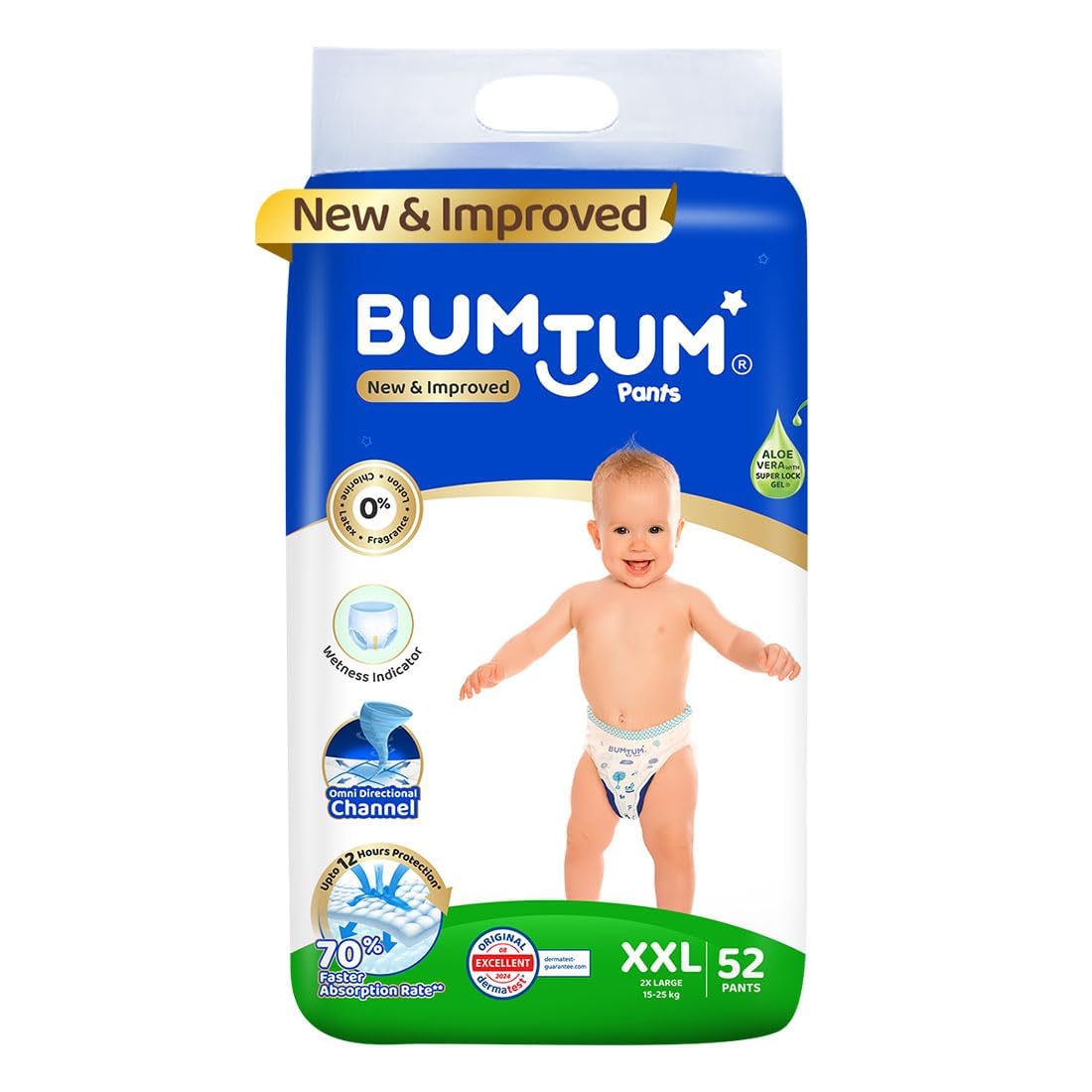 Bumtum Baby Diaper Pants, Xxl Size, 52 Count, Double Layer Leakage Protection Infused With Aloe Vera, Cottony Soft High Absorb T