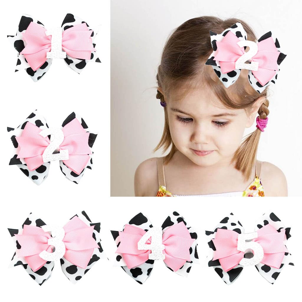 Birthday Hair Clips For Baby Girls - 2Pc Cow Print Bow With White Number Hair Clips For 2Nd Birthday Baby Bow Party Decorations