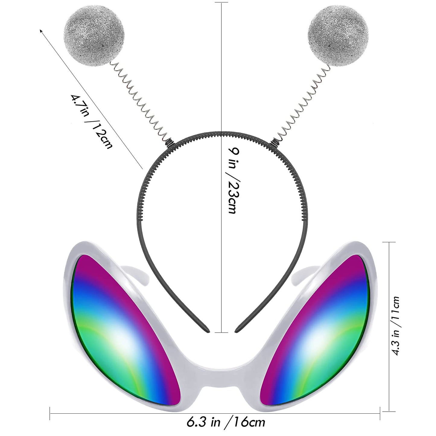 Silver Alien Headband Alien Glasses Set Boppers Antenna Headband Rainbow Lens Sunglasses For Alien Theme Halloween Cosplay Party