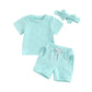 Toddler Baby Girls Daisy Chenille Patch Outfit Short Sleeve T-Shirt Shorts Headband 3Pcs Summer Clothes Set (Sky Blue, 6-12 Mont