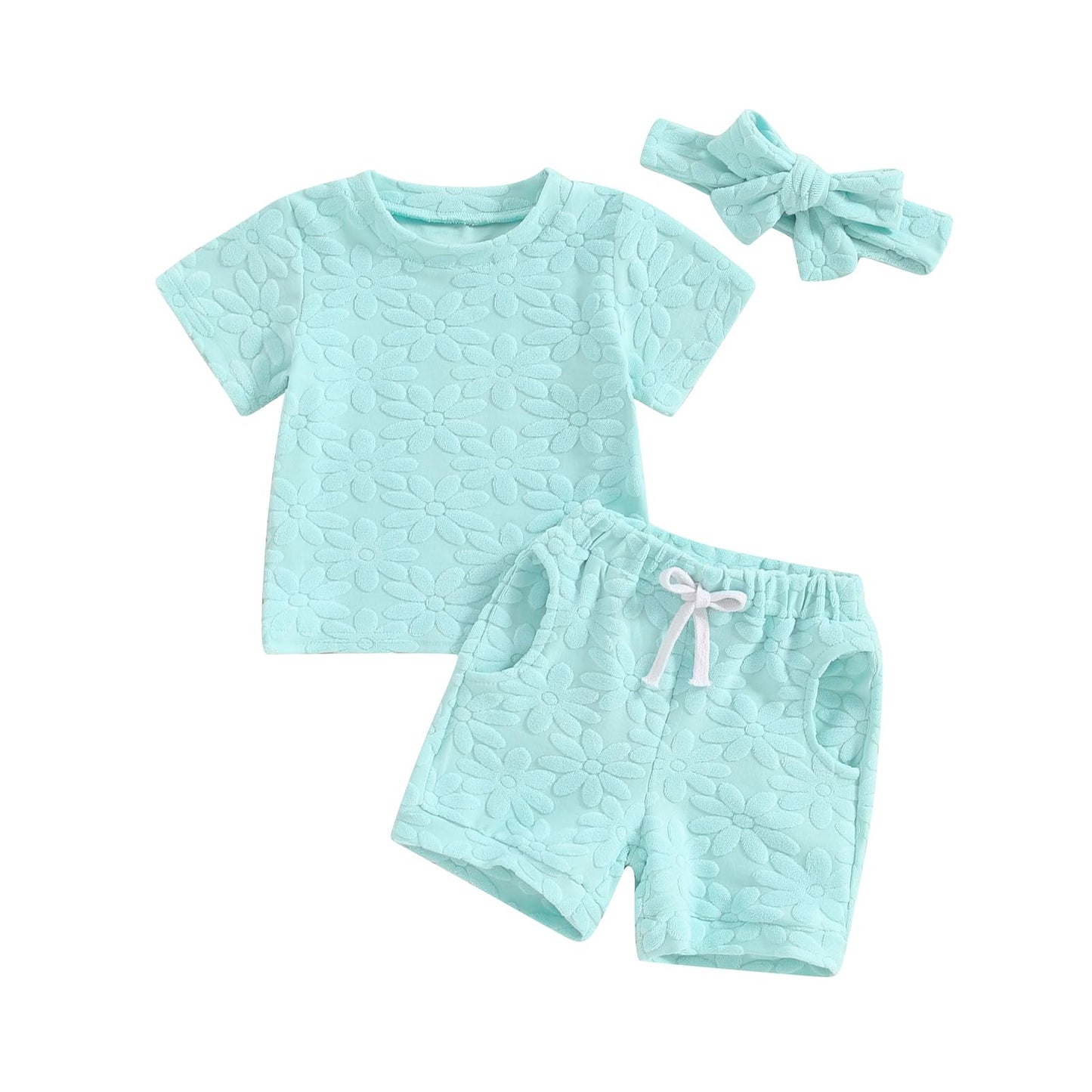 Toddler Baby Girls Daisy Chenille Patch Outfit Short Sleeve T-Shirt Shorts Headband 3Pcs Summer Clothes Set (Sky Blue, 18-24 Mon