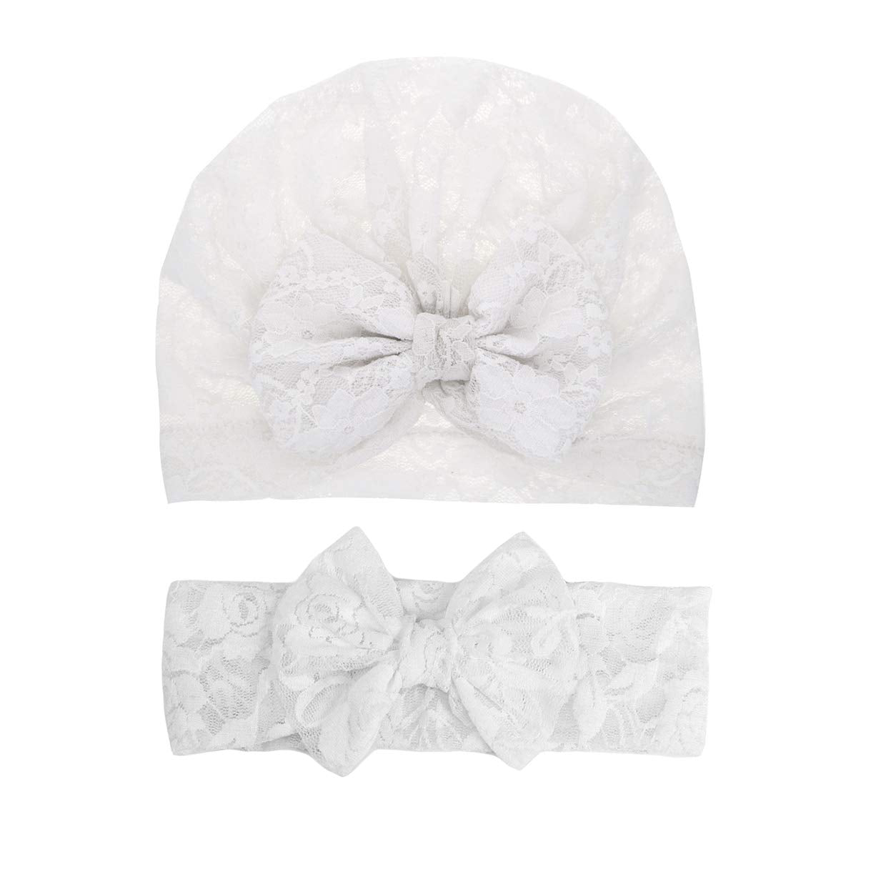 Lace Bow Headband Turban For Baby Girls Lace Beanie Cap Baby Lace Bowknot Hat Jbc18 (2 Pcs-White)