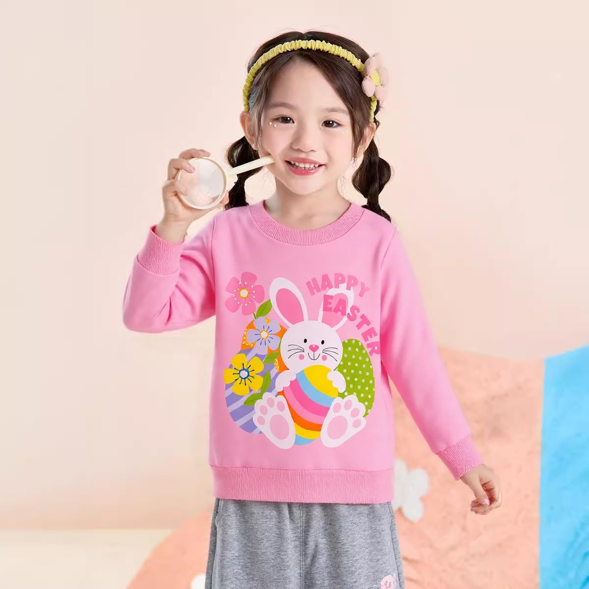 Akyzic Girls Easter Bunny Sweatshirt Long Sleeve Crewneck Pink Kids Shirt 5T