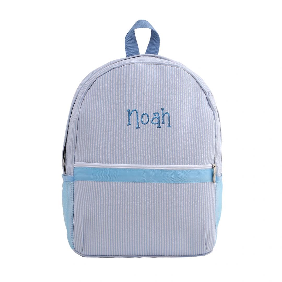 Custom Embroidered Toddler Seersucker Backpack | Personalized with Name | Back to School Gift for Kids (Baby Blue)
