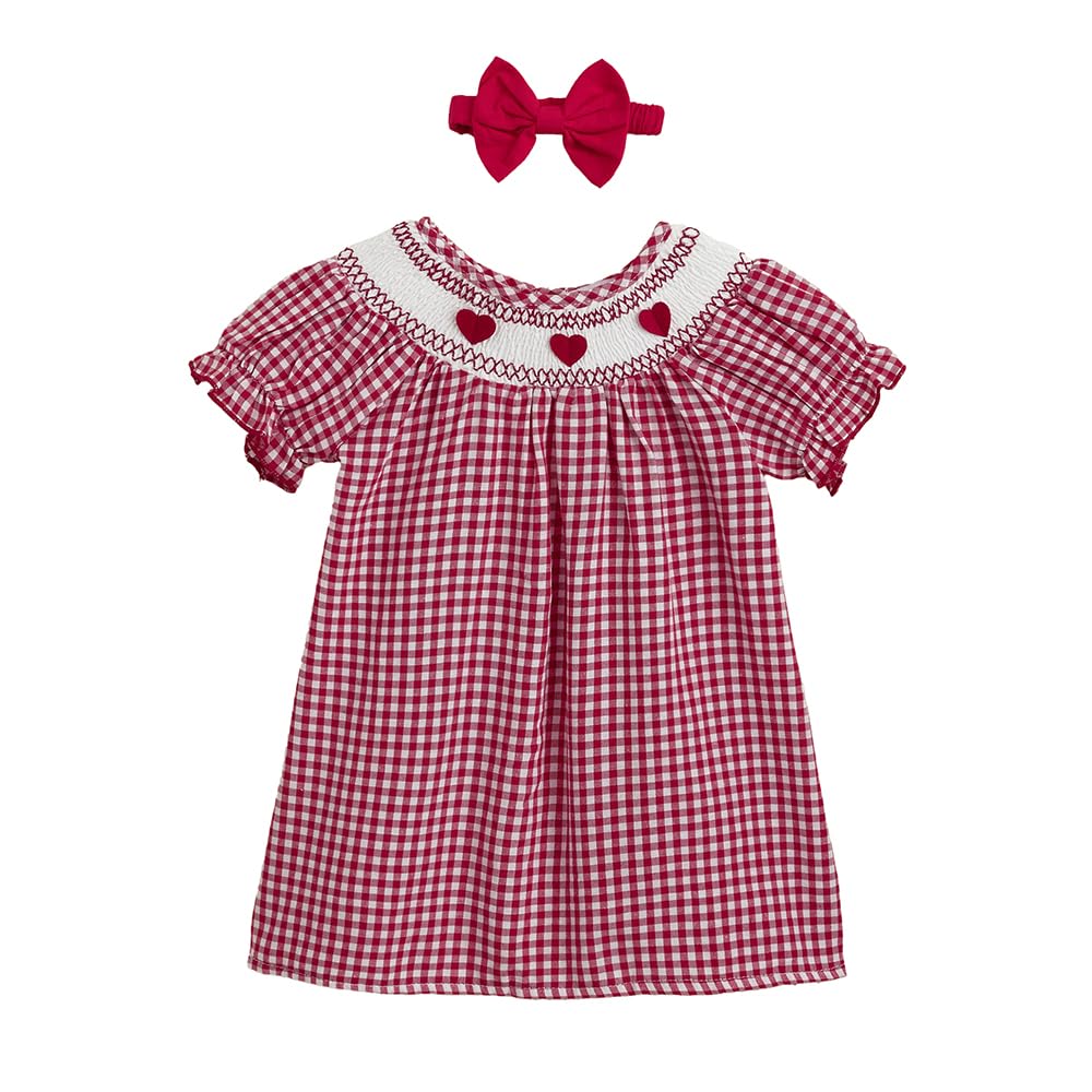 Hopscotch Girls Puff Sleeves Red Checkered Heart Appique Dress (1824 Months)