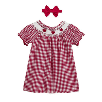 Hopscotch Girls Puff Sleeves Red Checkered Heart Appique Dress (1824 Months)