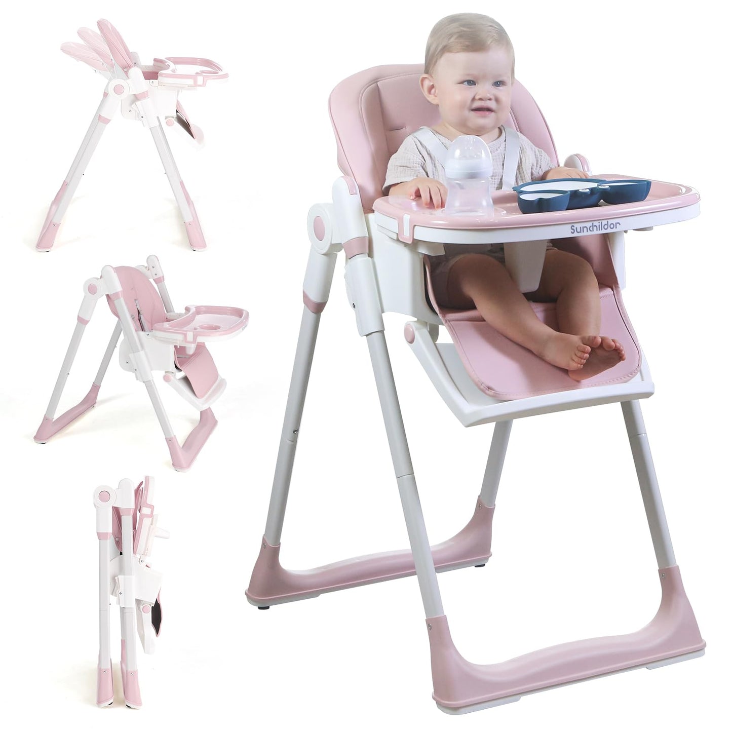 Sunchildor 3 In 1 Baby High Chair With Wheels, Adjustable 5 Point Harness, Tray, Foot Rest, Backrest And Seat Height, Foldable H