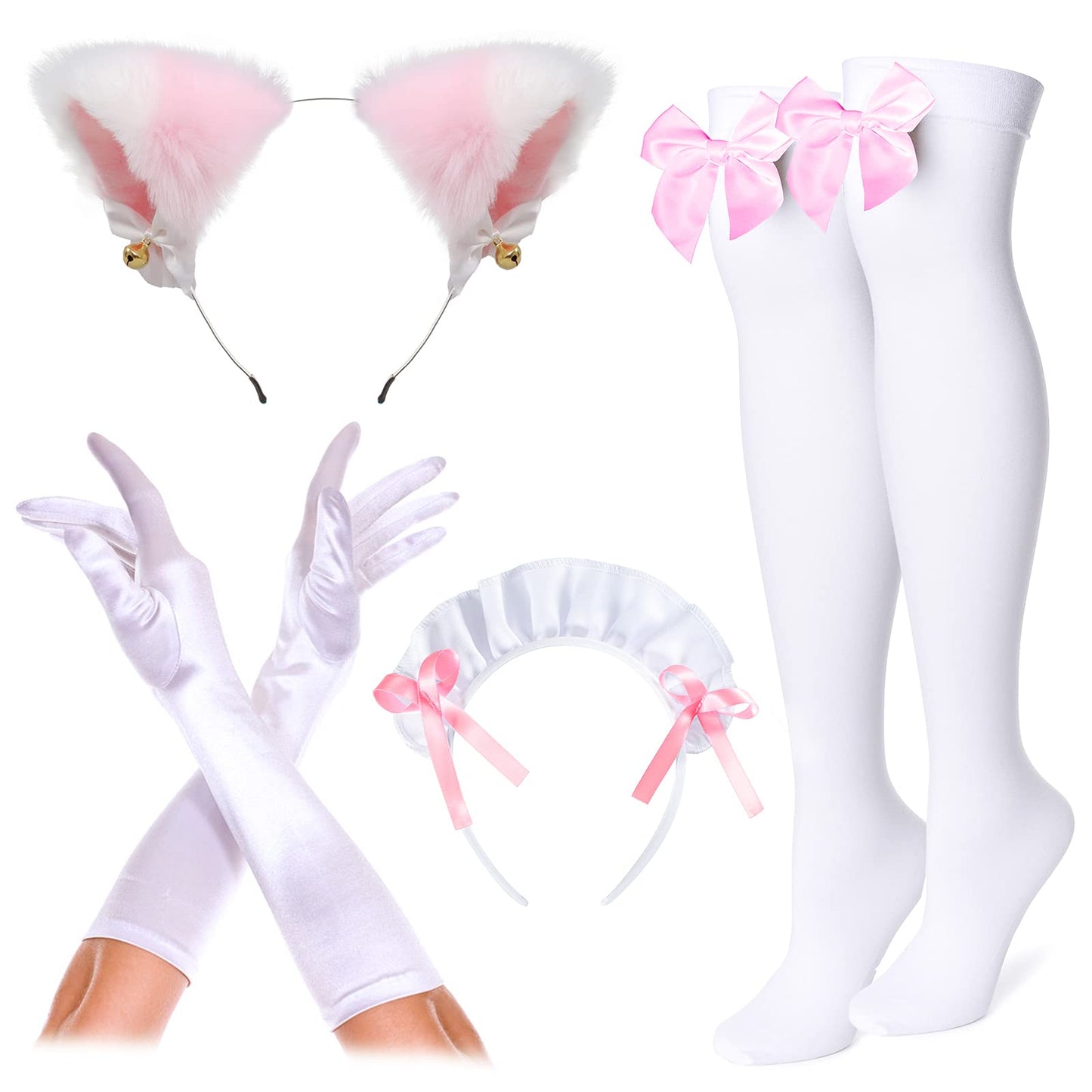 Irtysh Women Sweet Kawaii Costume Dress Anime French Maid Cosplay Furry Cat Ear Gloves Socks Set(Pink 2Xl)