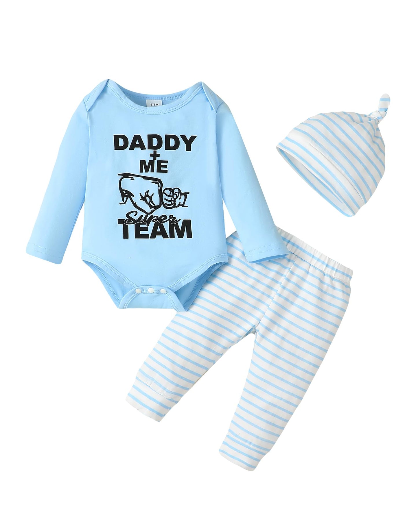 Nzrvaws Toddler Baby Boy Clothes Infant Long Sleeve Blue Romper Stripe Pants Hat 3Pc Outfits Set Fall Winter 6-12 Months