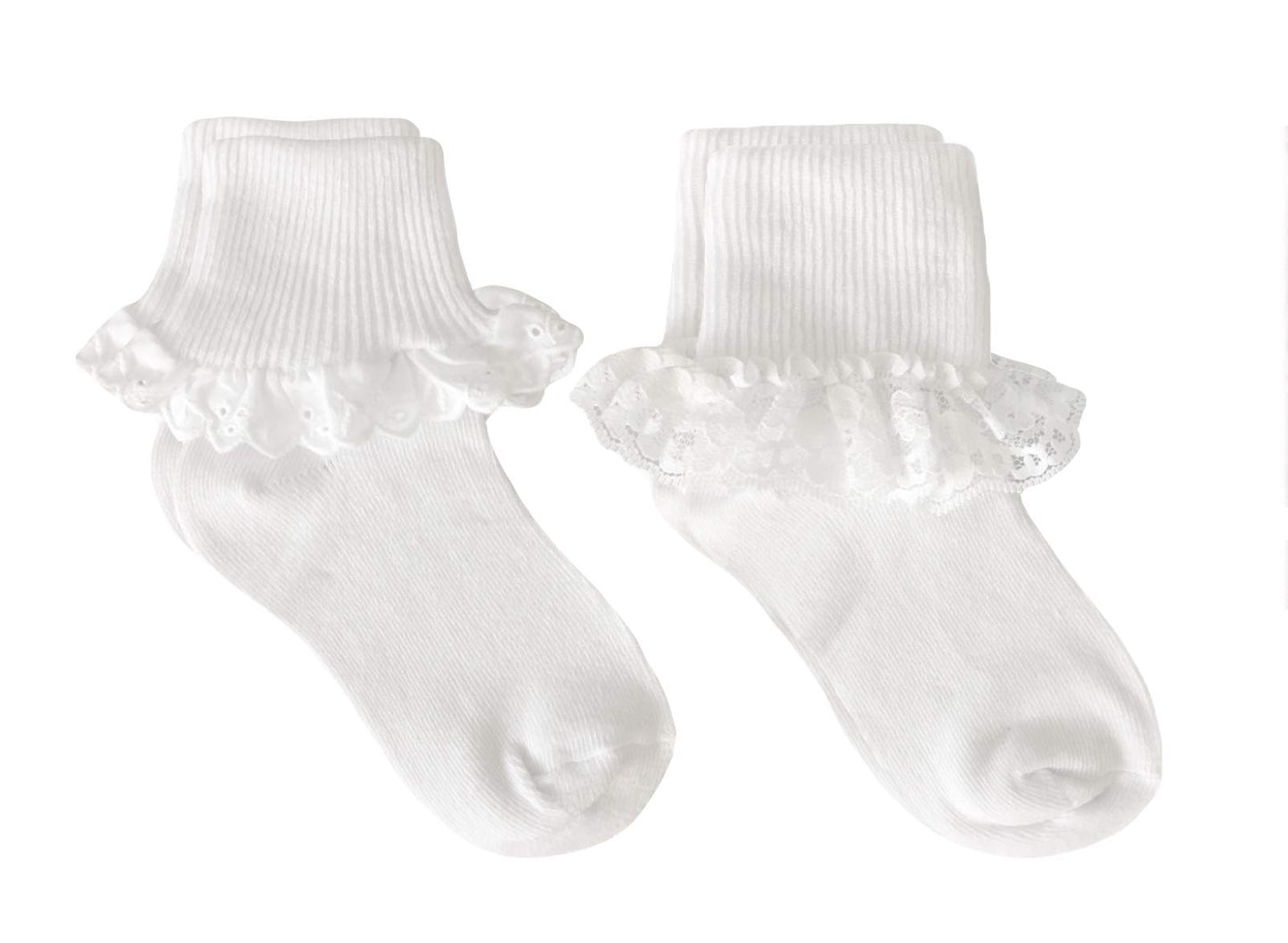 Country Kids Baby Girls Frilly Eyelet Lace Trim Socks, 2 Pairs, White, 0-3 Mos