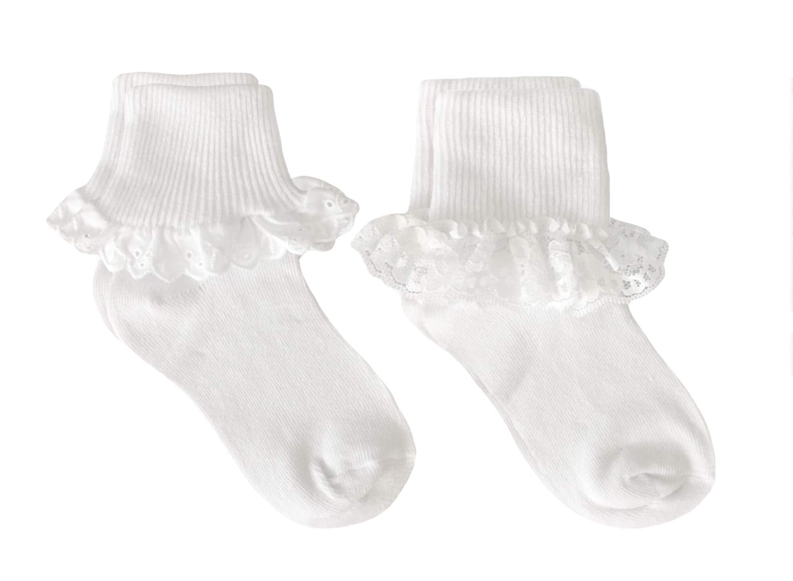 Country Kids Baby Girls Frilly Eyelet Lace Trim Socks, 2 Pairs, White, 0-3 Mos