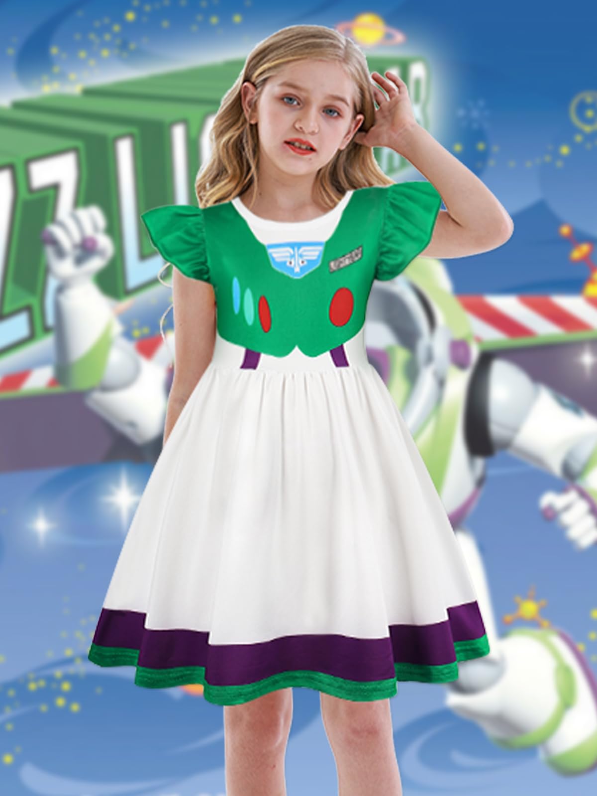 Eledobby Buzz Lightyear Dress For Girls Kids Buzz Lightyear Costume Halloween Outfit Birthday Party Dress 9-10Years