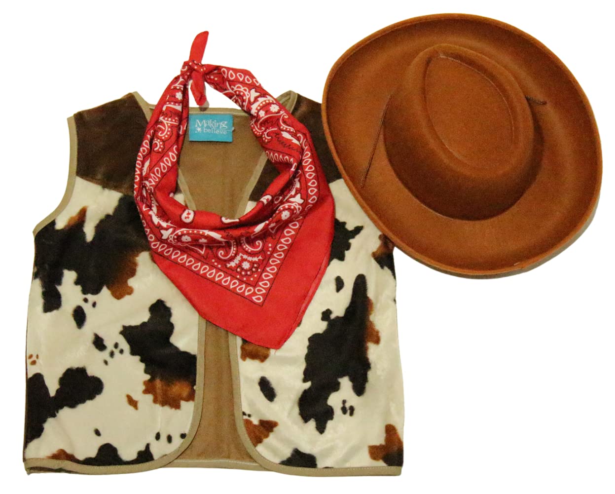 Kids Western Rodeo Cowboy Or Cowgirl Basic Costume Set - Vest, Brown Hat, Bandanna - Size 6-8
