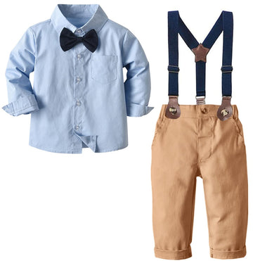 Baby Boys Clothes, Long Sleeves Dress Shirt And Suspender Khaki Pants Set Tuxedo Gentlemen Outfit With Bow Tie For Newborn Toddl