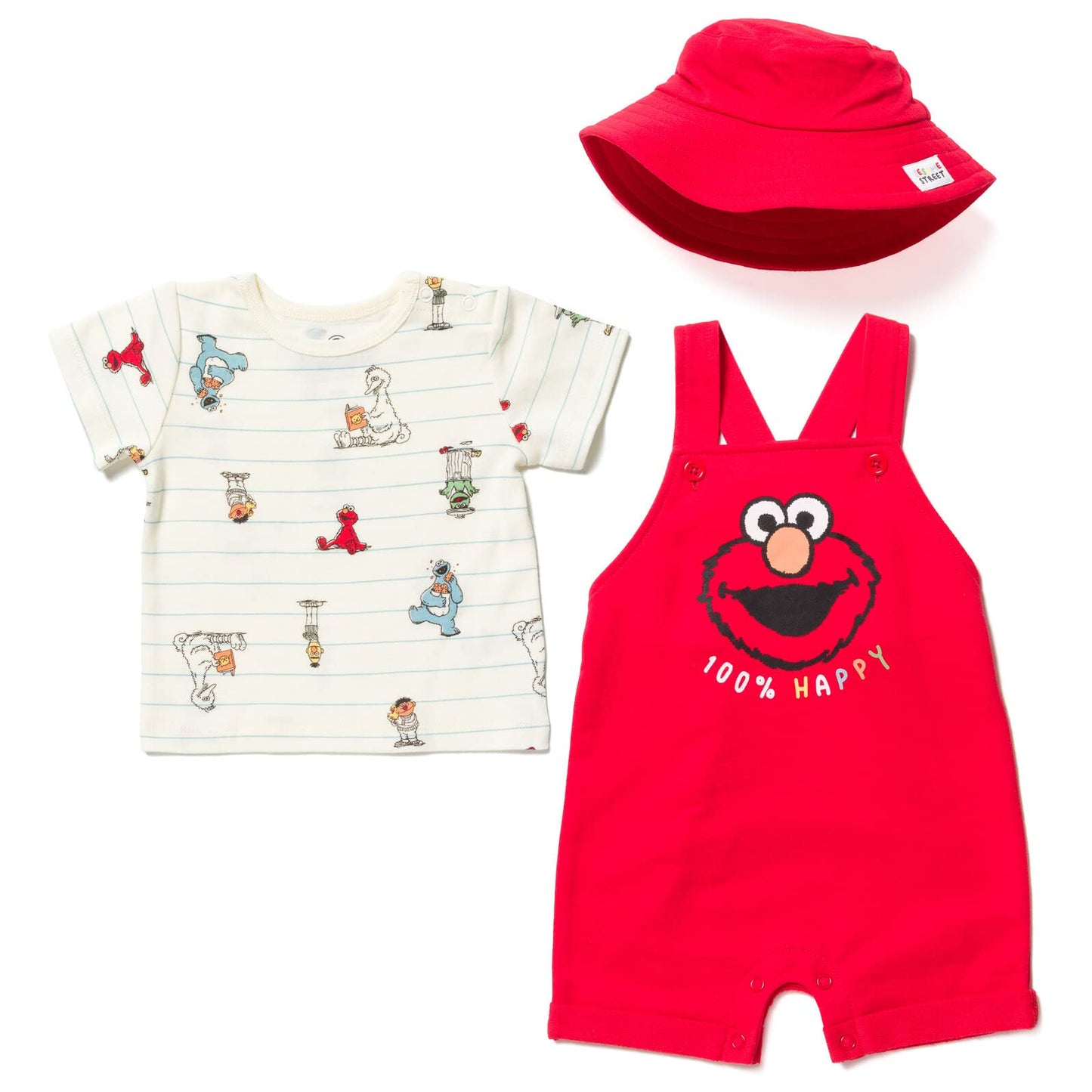 Sesame Street Elmo Toddler Boys French Terry Short Overalls T-Shirt And Hat 3 Piece Outfit Set Red/White 3T