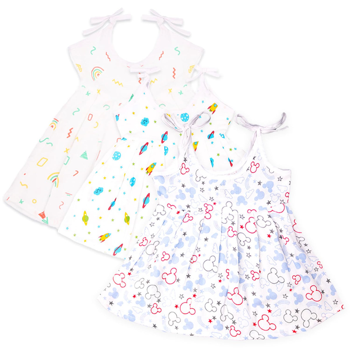 Kidbea Extra Soft Muslin Cotton Frock For Baby Girl | Rainbow, Space And Cute Chick Pack Of 3 (36 Months)