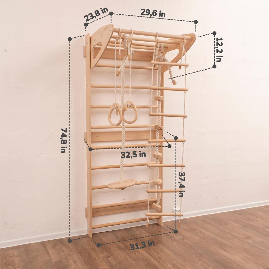 Woodandhearts Swedish Ladder For Kids With Rope Accessories - Indoor Jungle Gym, Indoor Jungle Gym For Kids Ages 6-16, Indoor Cl
