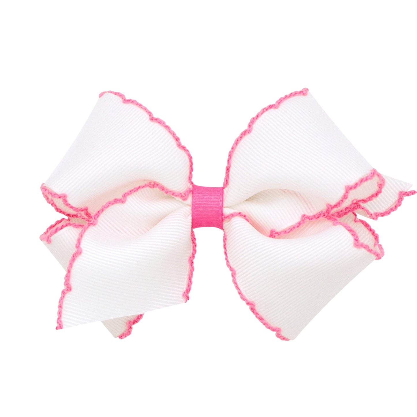 Wee Ones Girls' Grosgrain Hair Bow With Contrasting Moonstitch Edge And Wrap On A Weestay Hair Clip, Small, White With Hot Pink