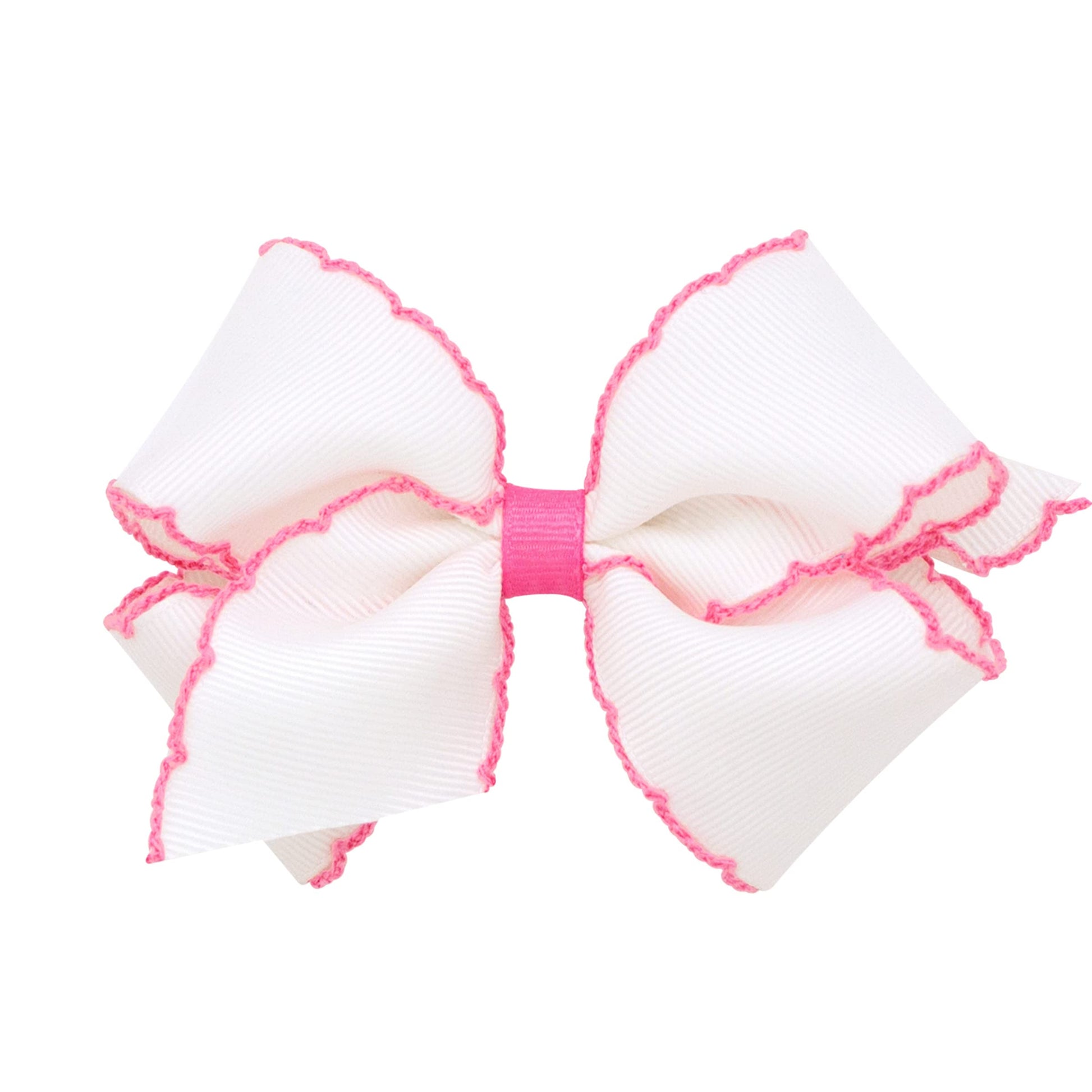 Wee Ones Girls' Grosgrain Hair Bow With Contrasting Moonstitch Edge And Wrap On A Weestay Hair Clip, Small, White With Hot Pink