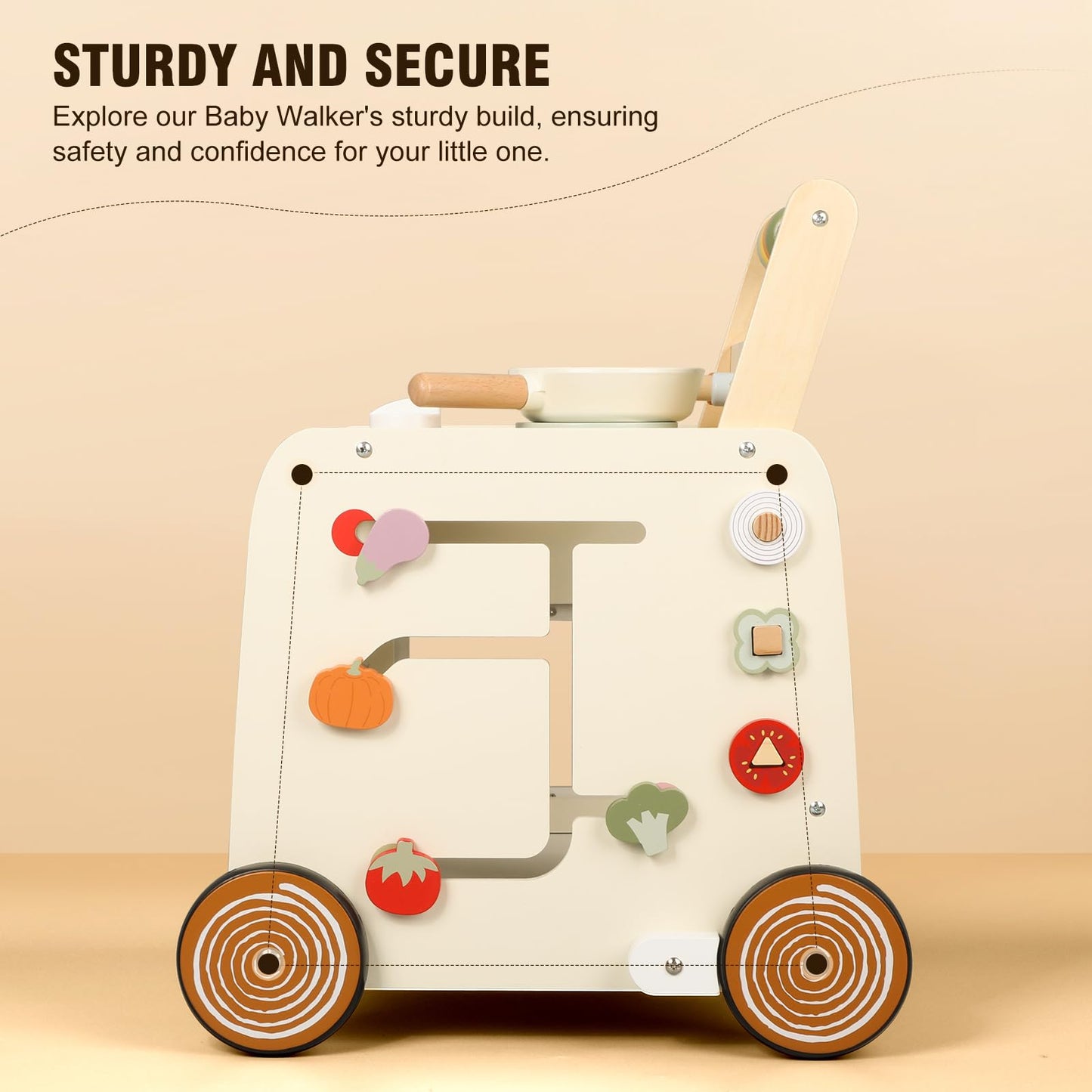 Pithfor Wooden Baby Walker, 3-in-1 Baby Push Walker, with Pretend Kitchen, Montessori Sensory Activity Center, Push Walker Toys