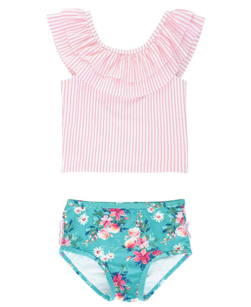 Rufflebutts Baby/Toddler Girls Fancy Me Floral Seersucker Ruffled Tankini - 18-24M