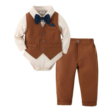 Disaur Baby Boy Clothes Toddler Boy Outfits, 4Pc Gentleman Dress Romper + Vest + Pants + Bow Tie Cotton Suit Set (Brown, 18-24 M