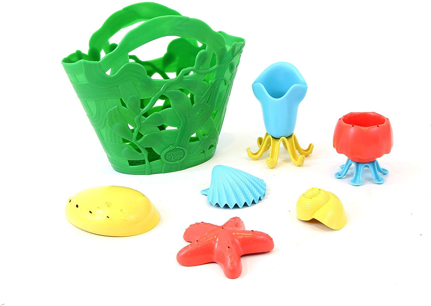 Green Toys Tide Pool Bath Set - 7 Piece Pretend Play, Motor Skills, Kids Bath Toy Floating Pouring Shells with Storage Bag. No B