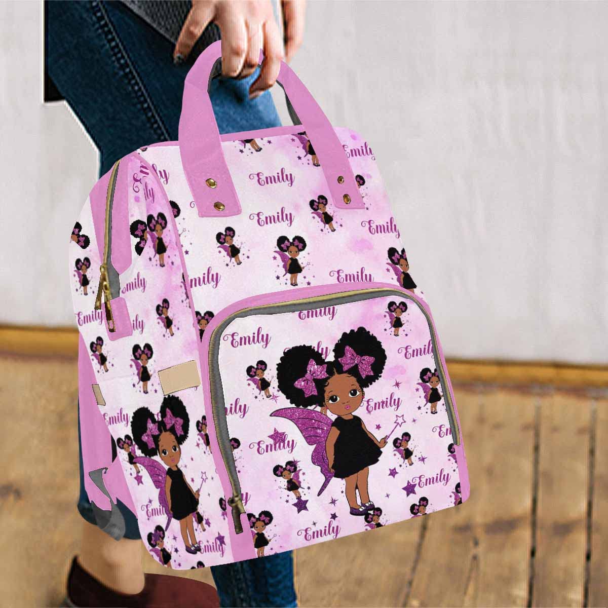 Artsadd Custom Large Capacity Baby Bag For Mom, Glitter Stars Wings Handbags Personalized Name Diaper Backpack With Stroller Str