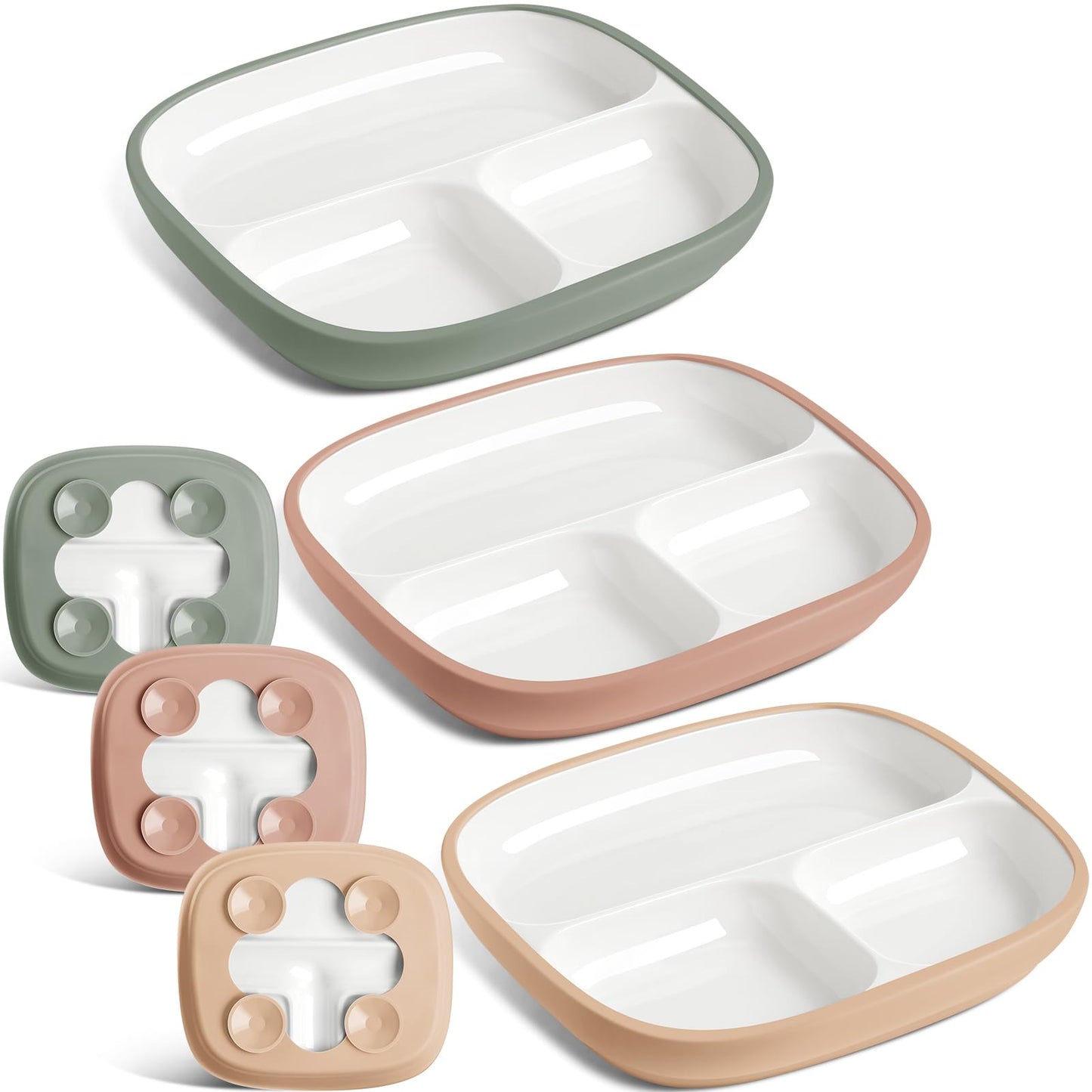Domensi Kids Porcelain Plates with Silicone Sleeves 8.2 Inch Divided Porcelain Plate Toddler White Suction Dishes for Baby Troub