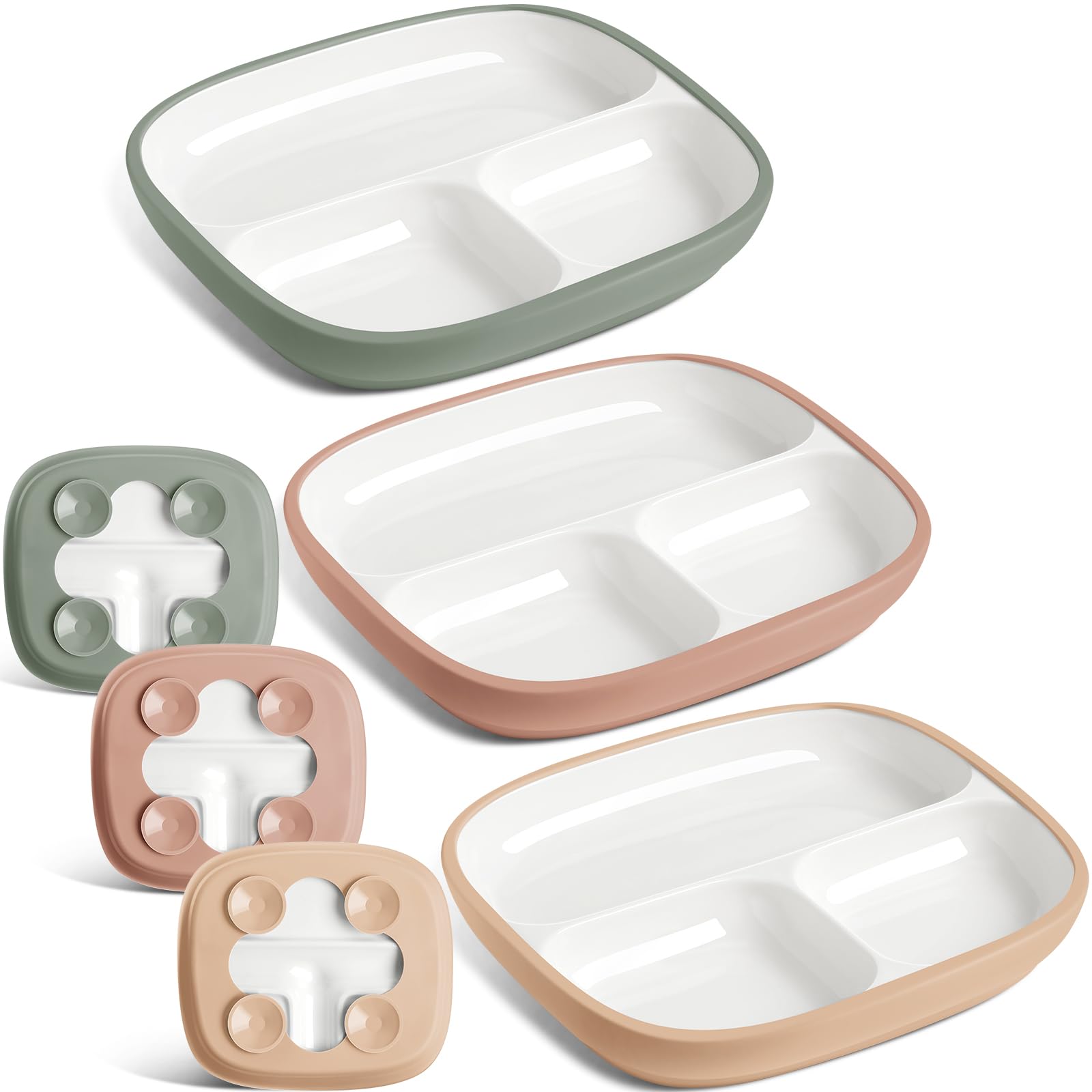 Domensi Kids Porcelain Plates with Silicone Sleeves 8.2 Inch Divided Porcelain Plate Toddler White Suction Dishes for Baby Troub