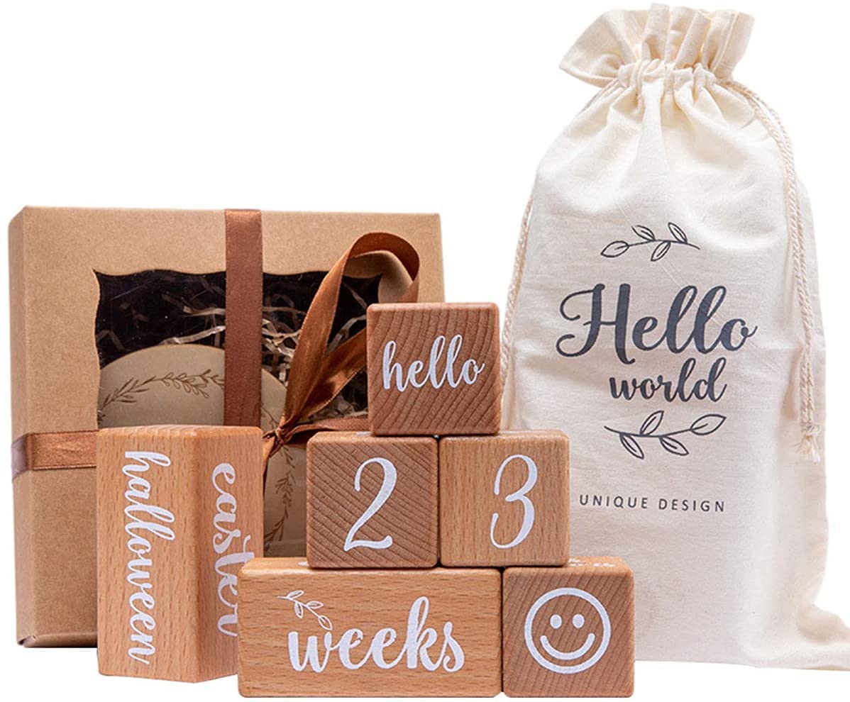Promise Babe Milestone Blocks Set of 6 Baby Age Blocks for Monthly Milestone Wooden Photo Props Set Perfect for Baby Shower and 