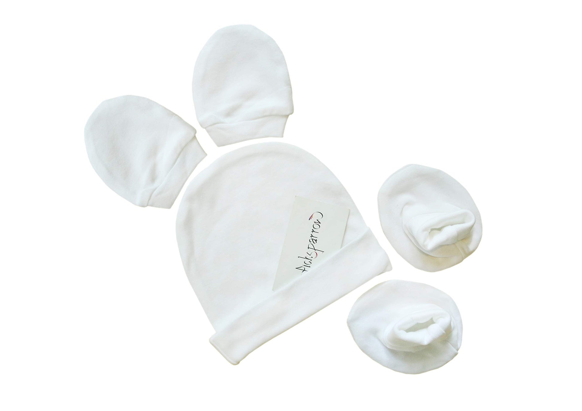 Picksparrow Baby Cotton CapBootiesMittens Set(1)/Newborn Essentials (Design  Plain White, 0 Months3 Months)
