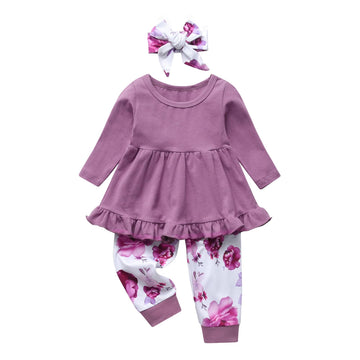 Kulcerry Toddler Baby Girl Clothes Solid Color Long Sleeve Ruffle Tops Floral Pants Headband Outfits Set (3-4T, Purple
