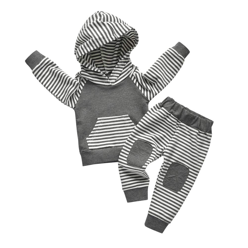 Rebey Toddler Infant Baby Boy Clothes Striped Long Sleeve Hoodie Tops Sweatsuit Pants Outfit Set (18-24 Months) Grey