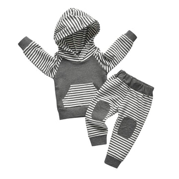 Rebey Toddler Infant Baby Boy Clothes Striped Long Sleeve Hoodie Tops Sweatsuit Pants Outfit Set (18-24 Months) Grey