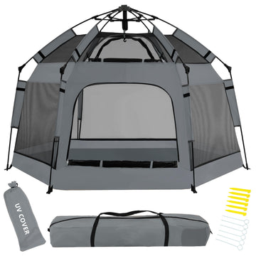 Pop Up Playpen for Babies with Canopy & Safety Lock - Outdoor Baby Playpen with 6 Ground Stakes & 6 Sand Stakes, UV Protection &