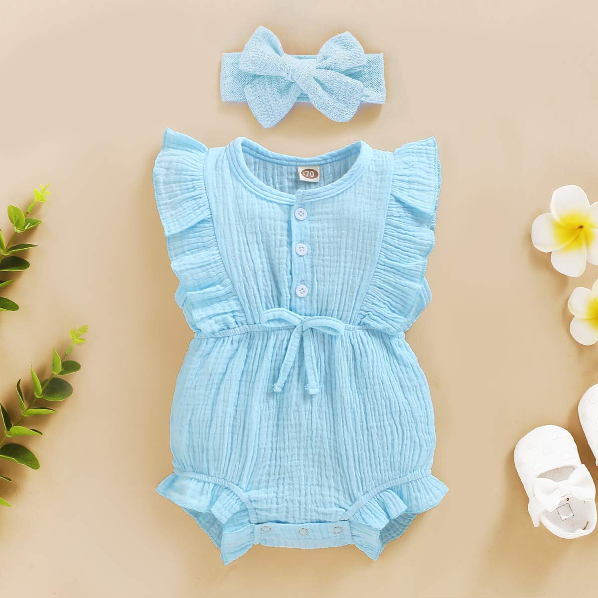 Younger Tree Toddler Baby Girl Ruffled Sleeveless Romper Casual Summer Jumpsuit Cotton Linen Clothes (Button-Sky Blue, 12-18 Mon