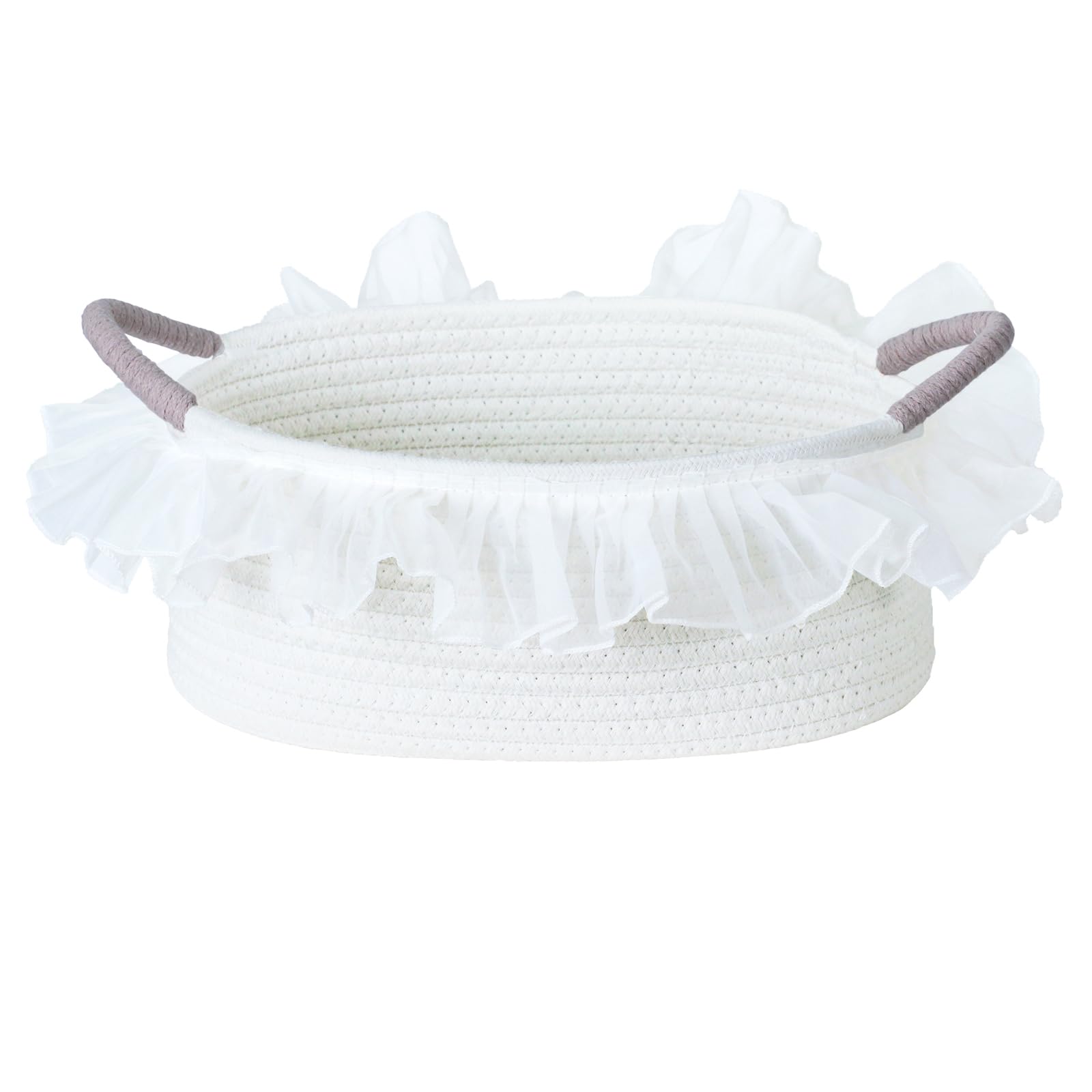 Cotton Rope Gift Basket with Handle- White Woven Storage Basket with Organza Lace, Decorative Bin for Baby Shower, Housewarming,