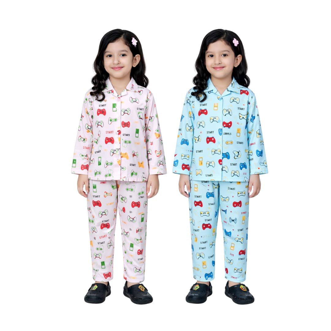 BORNLOV Girls Night Suit Set, Start Print, Full Sleeves, Pink and Blue, Pack of 2  (4 Years5 Years)