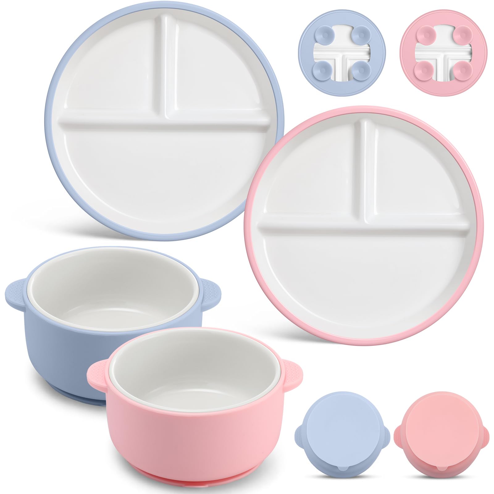 Domensi 4 Pcs Porcelain Kids Plates and Bowls Sets with Suction, 2 Ceramic Toddler Divided Plates 2 Baby Anti Slip Silicone Slee