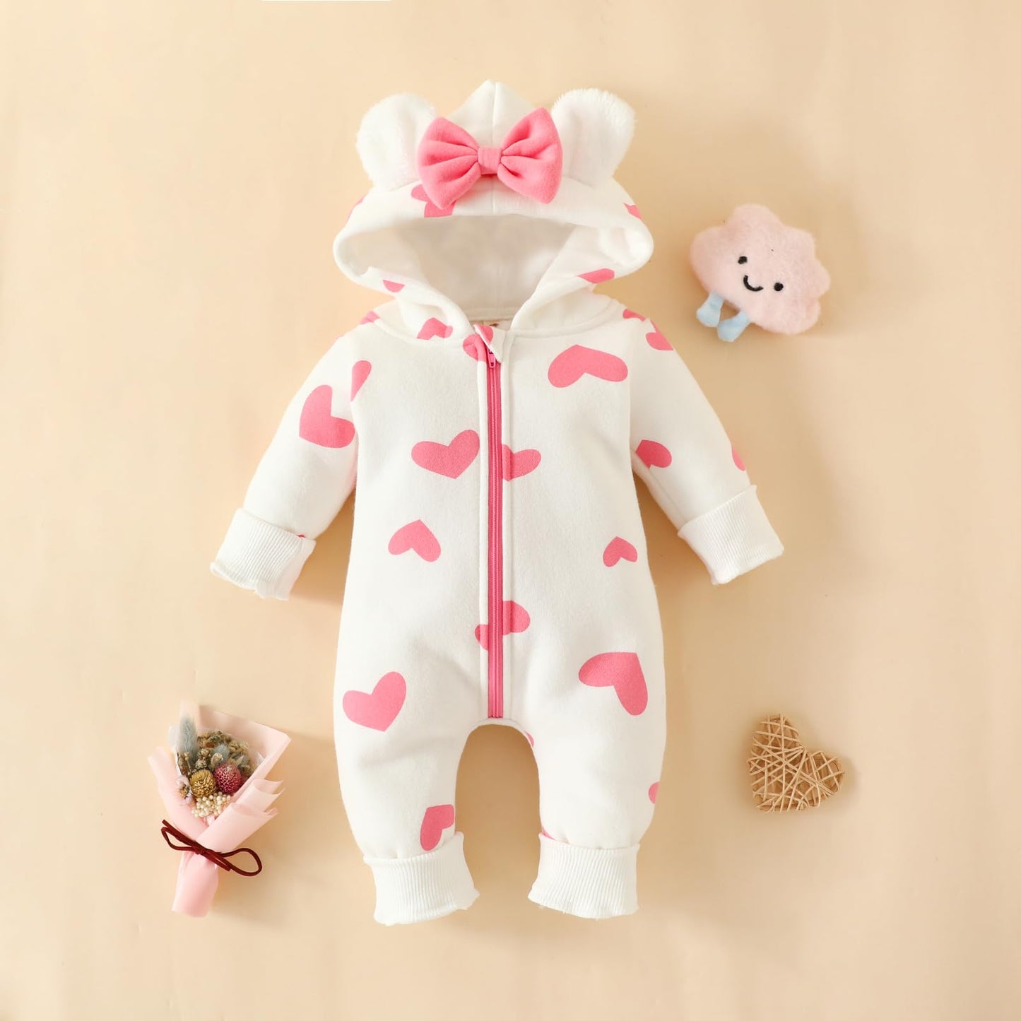 Newborn Baby Girl Hooded Jumpsuit Heart Cow Zip Up Long Sleeve Infant One Piece Romper Snowsuit Valentines Day Outfit (Heart Pin