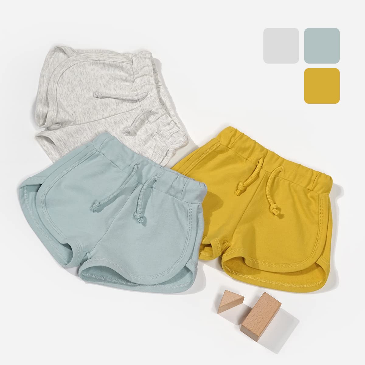 Teach Leanbh Baby Boys Girls 3 Pack Athletic Shorts Cotton Soild Color With Drawstring (6-12 Months, Green/Grey/Navy)