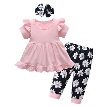 Kulcerry Toddler Baby Girl Clothes Solid Color Short Sleeve Ruffle Tops Floral Pants Headband Outfits Set (3-4T, Pink