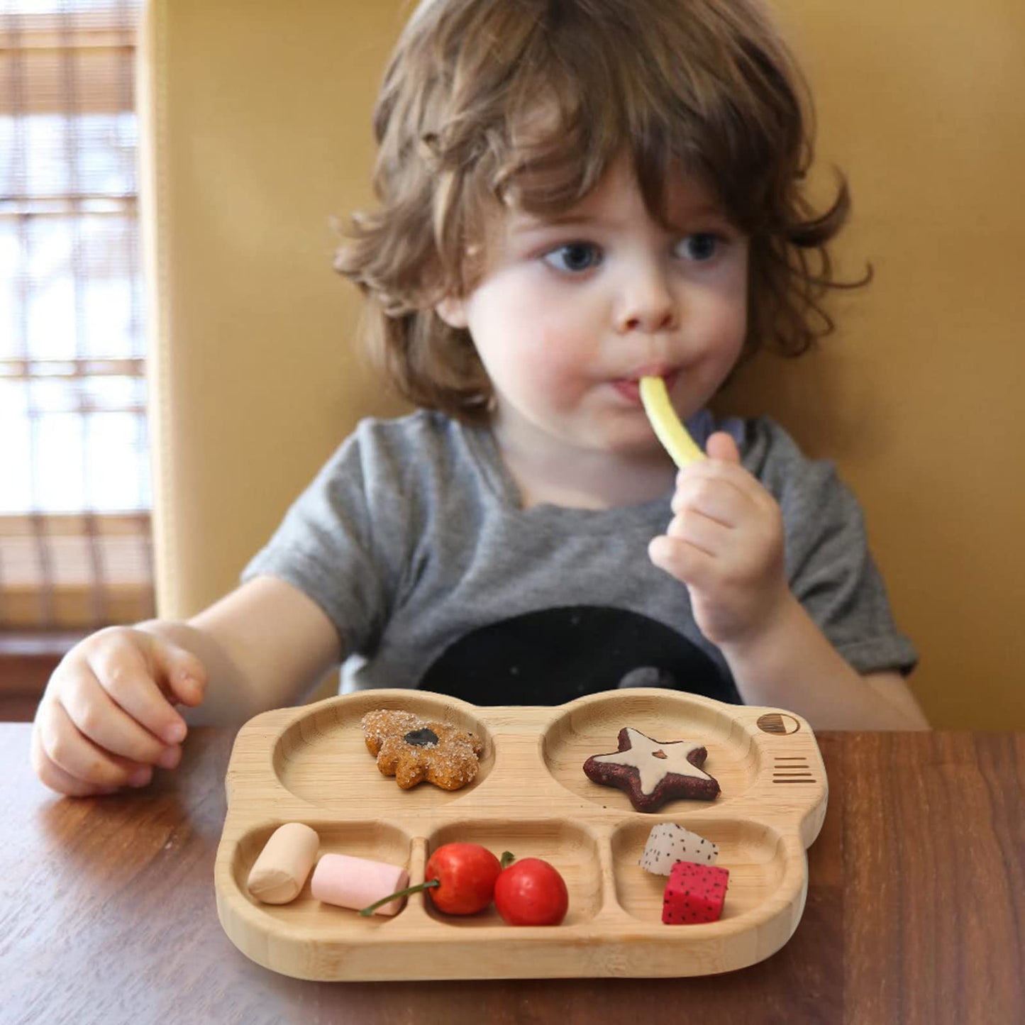 Suction Plates For Baby & Toddler, Bamboo Divided Platter Feeding Dishes With Silicone Fork& Spoon, All-Natural Baby Food Plate