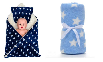 CTMKIDS Baby Wrap with Cushion Cap for Kids 74x84 cm  Navy Blue & Baby Blankets New Born Pack of Star Wrapper Bedsheet  Sky Bl