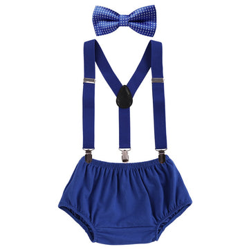 Baby Boys Cake Smash Clothes Diaper Suspenders Pants Bow Tie 3Pcs Set First 1St 2Nd Birthday Outfit For Photo Prop Party Dark Bl