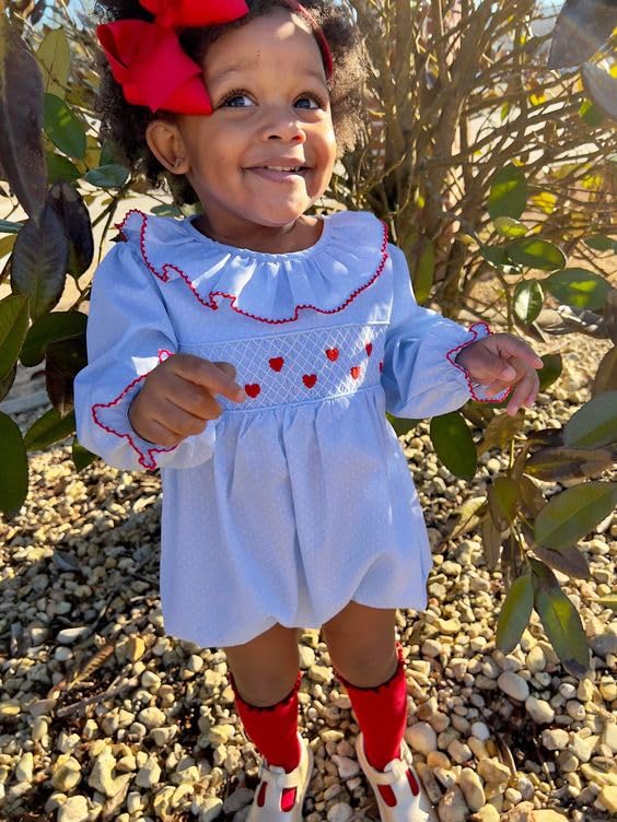 Mlpeerw My First Valentines Day Baby Girl Outfit Newborn Heart Smocked Bubble Romper Bodysuit Cute Valentines Day Clothes (Valen