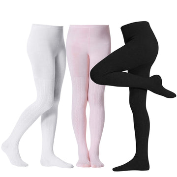 Girls Leggings Cable Knit Cotton Tights Dance Ballet Pantyhose Leggings Stocking Pants Girls Tights Age 4-12 3 Pairs White Black
